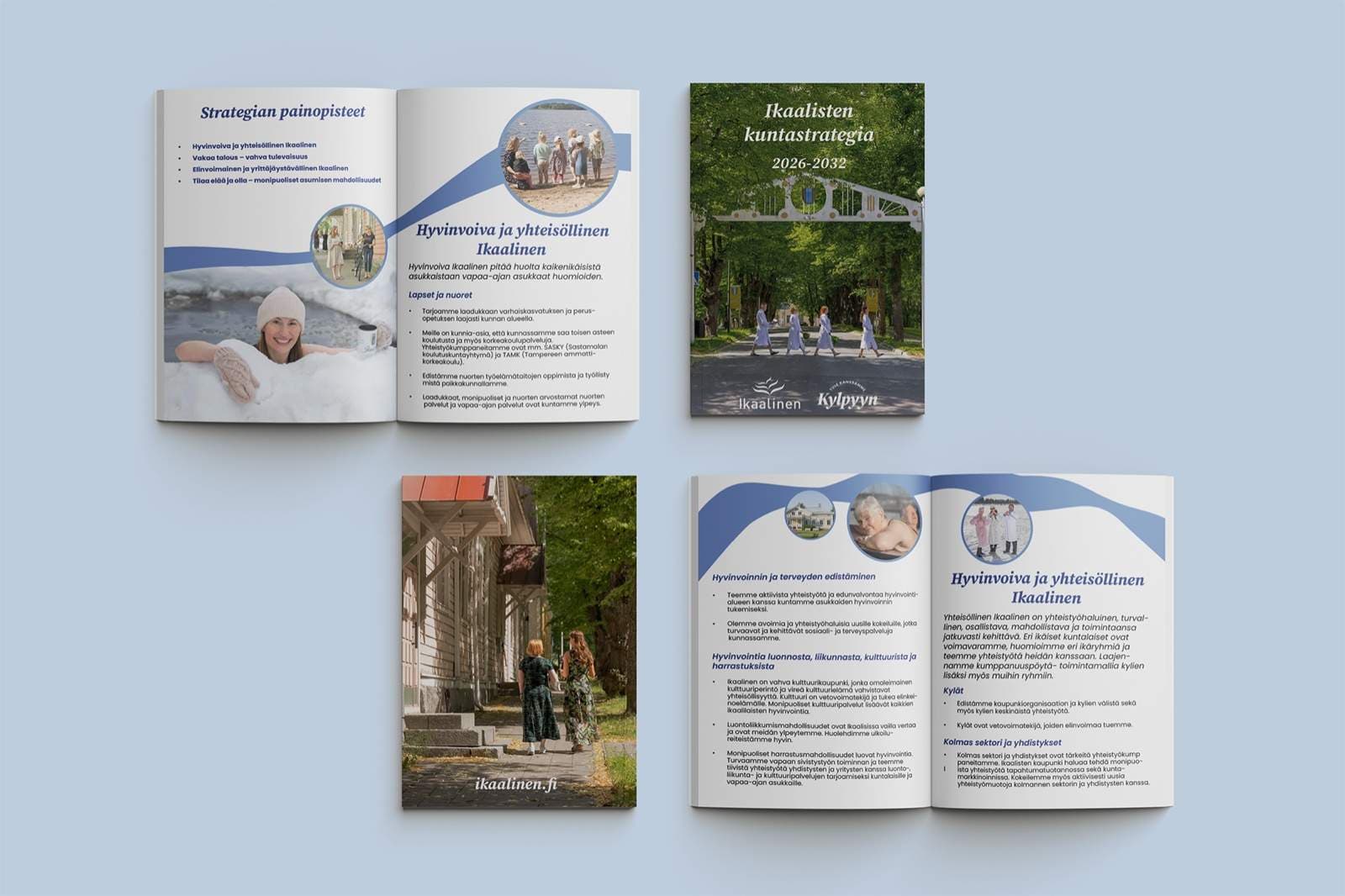 Ikaalisten kuntastrategia -esitteen taittoaukeamia ja kansi